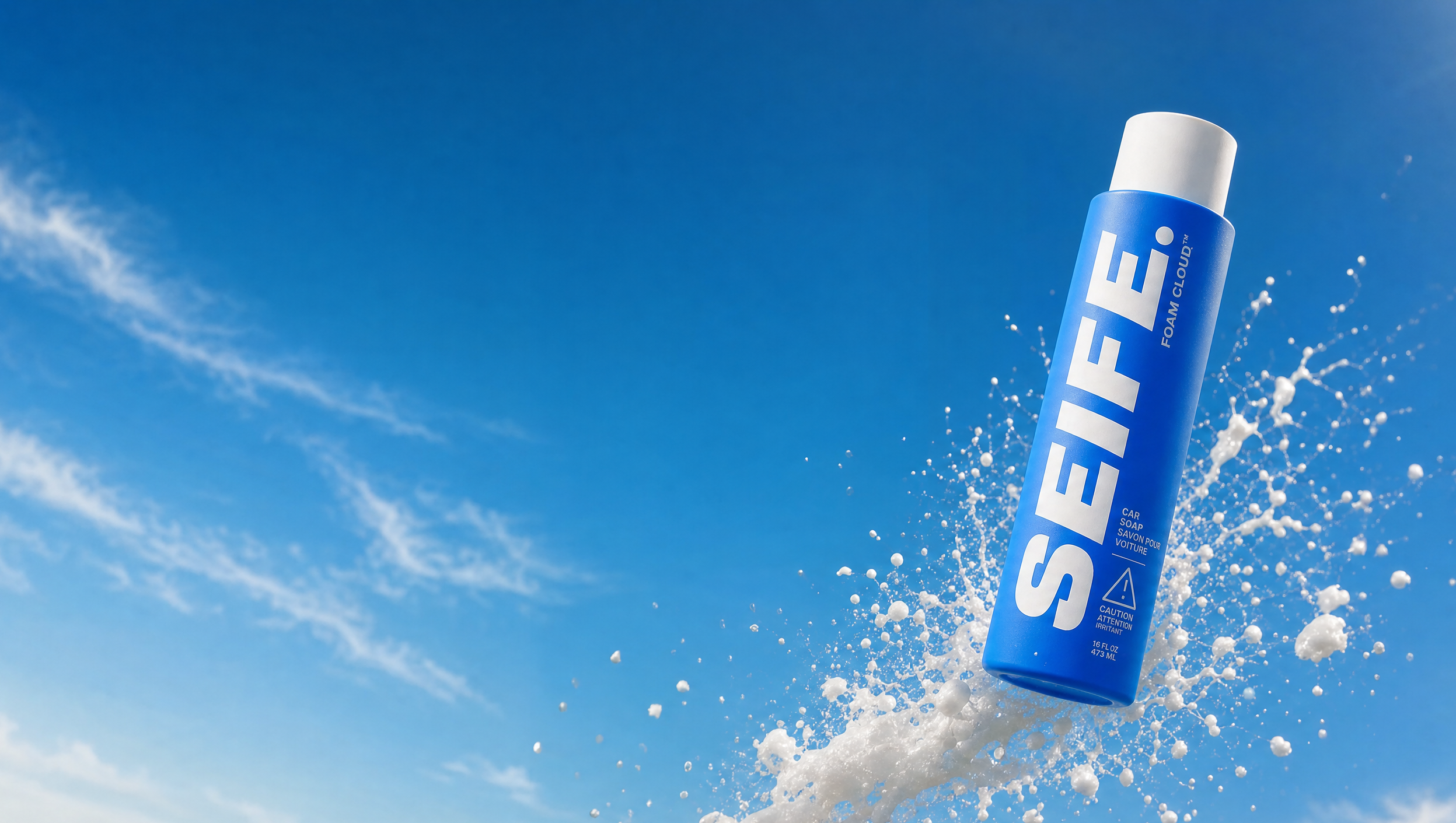 SEIFE Foam Cloud car wash soap bottle bursting through white foam against a blue sky