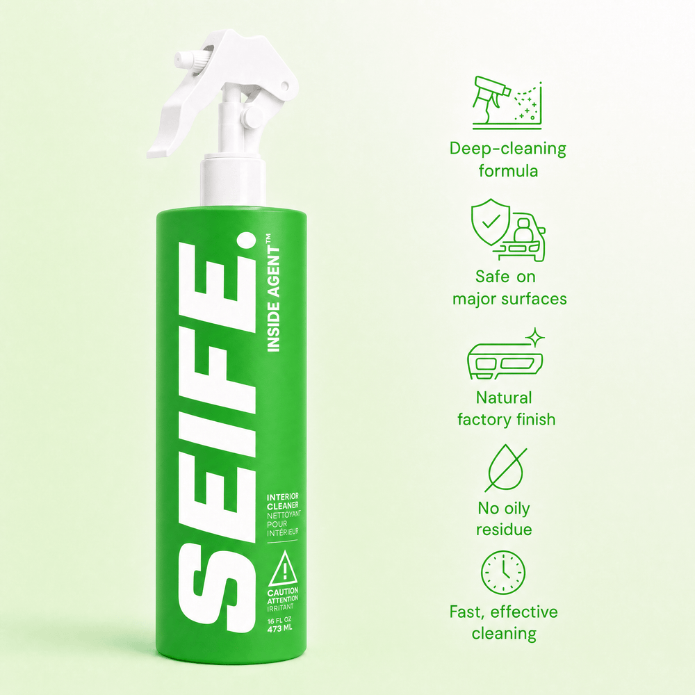 Inside Agent interior cleaner with icons for deep cleaning, surface safety and no oily residue
