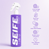 Rim Revive wheel cleaner with icons for cutting brake dust, acid-free formula and wheel finish safety
