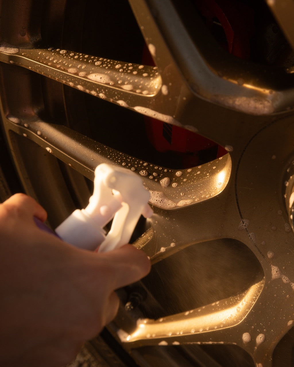Spraying SEIFE Rim Revive wheel cleaner onto a foamy bronze alloy wheel